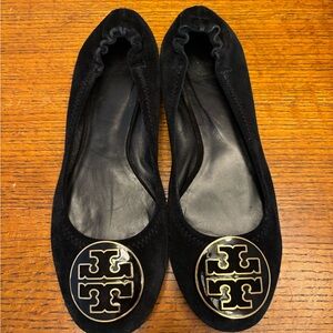 Tory Burch Black Suede Flats with Gold Logo 9.5